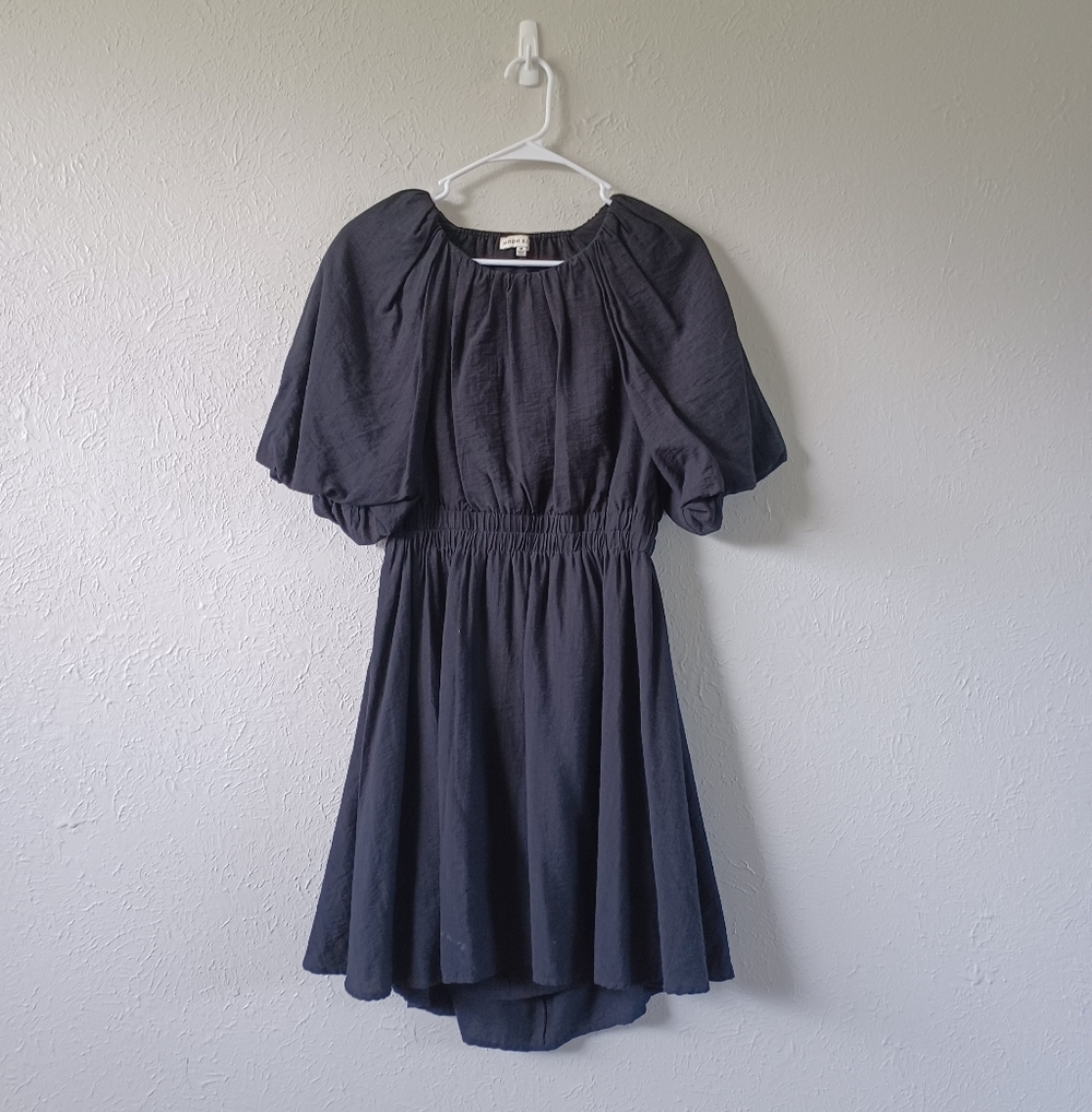 Moon River Black Puff Sleeve Cut-Out Back Smocked Waist Dress